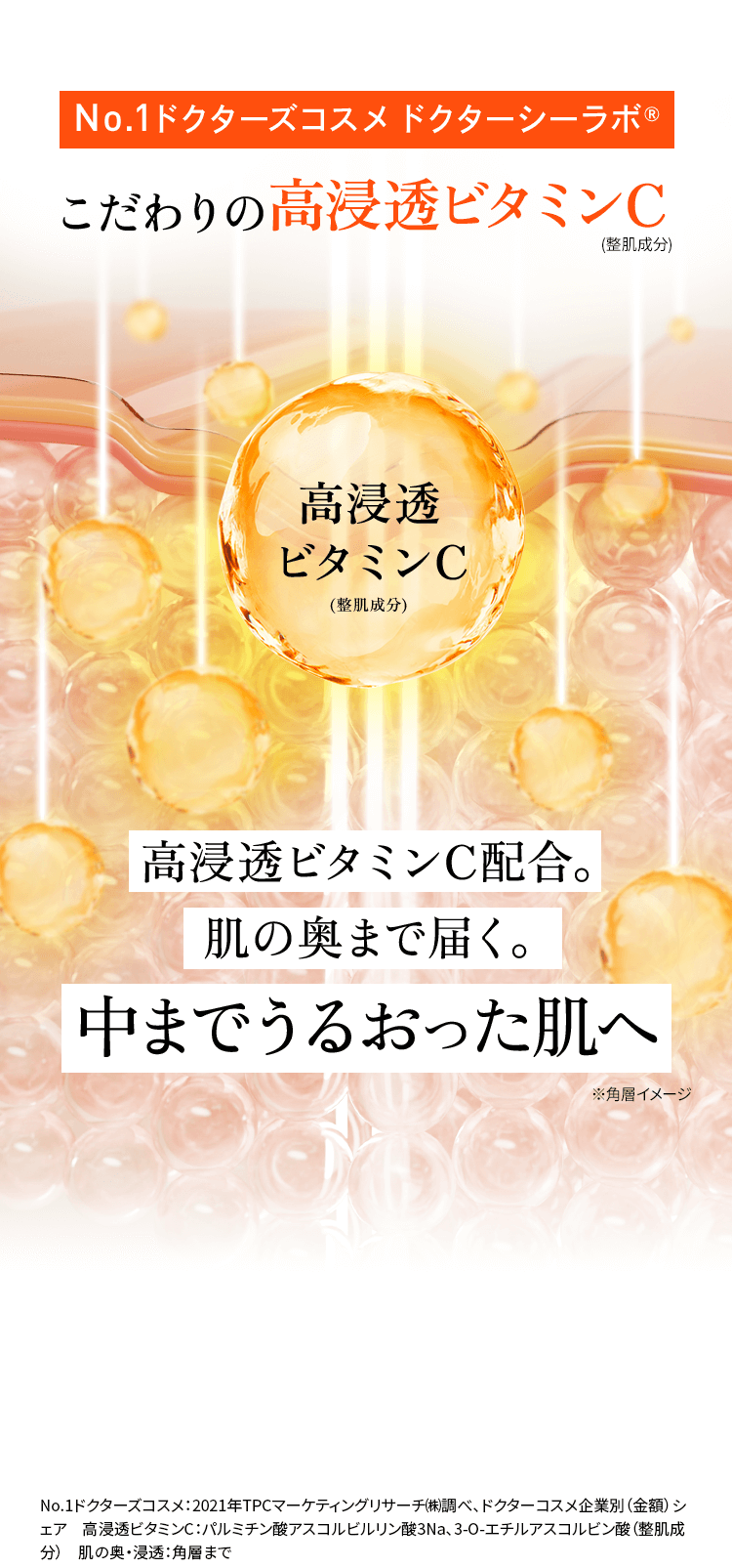 No.1ドクターズコスメ ドクターシーラボR こだわりの高浸透ビタミンC(整肌成分)　高浸透ビタミンC配合。肌の奥まで届く。中までうるおった肌へ※角層イメージ　No.1ドクターズコスメ：2021年TPCマーケティングリサーチ㈱調べ、ドクターコスメ企業別（金額）シェア　高浸透ビタミンC：パルミチン酸アスコルビルリン酸3Na、3-O-エチルアスコルビン酸（整肌成分）　肌の奥・浸透：角層まで