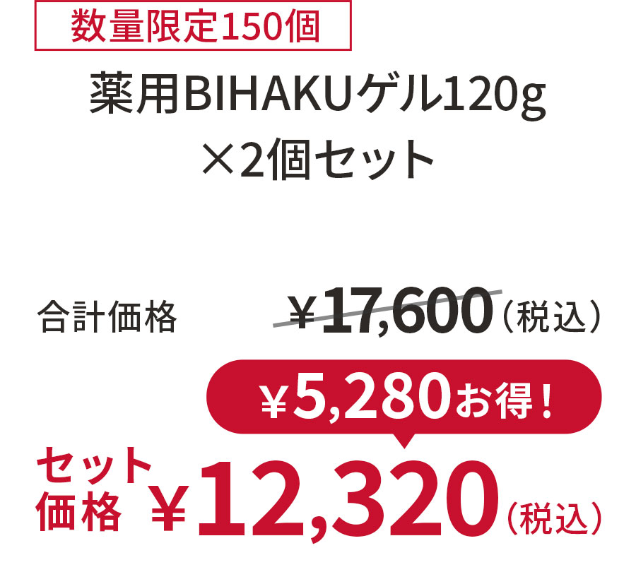 30%OFF 数量限定150個
薬用BIHAKUゲル120g ×2個セット
合計価格 ¥17,600(税込)
セット価格 ¥12,320(税込)
¥5,280お得!