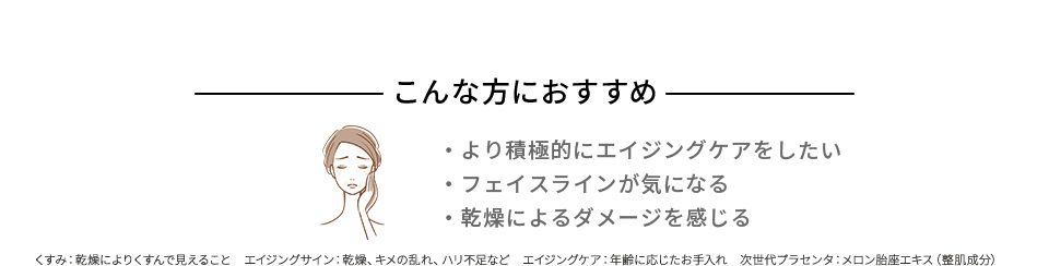 こんな方におすすめ ・より積極的にエイジングケアをしたい ・フェイスラインが気になる ・乾燥によるダメージを感じる くすみ：乾燥によりくすんで見えること　エイジングサイン：乾燥、キメの乱れ、ハリ不足など　エイジングケア：年齢に応じたお手入れ　次世代プラセンタ：メロン胎座エキス（整肌成分）