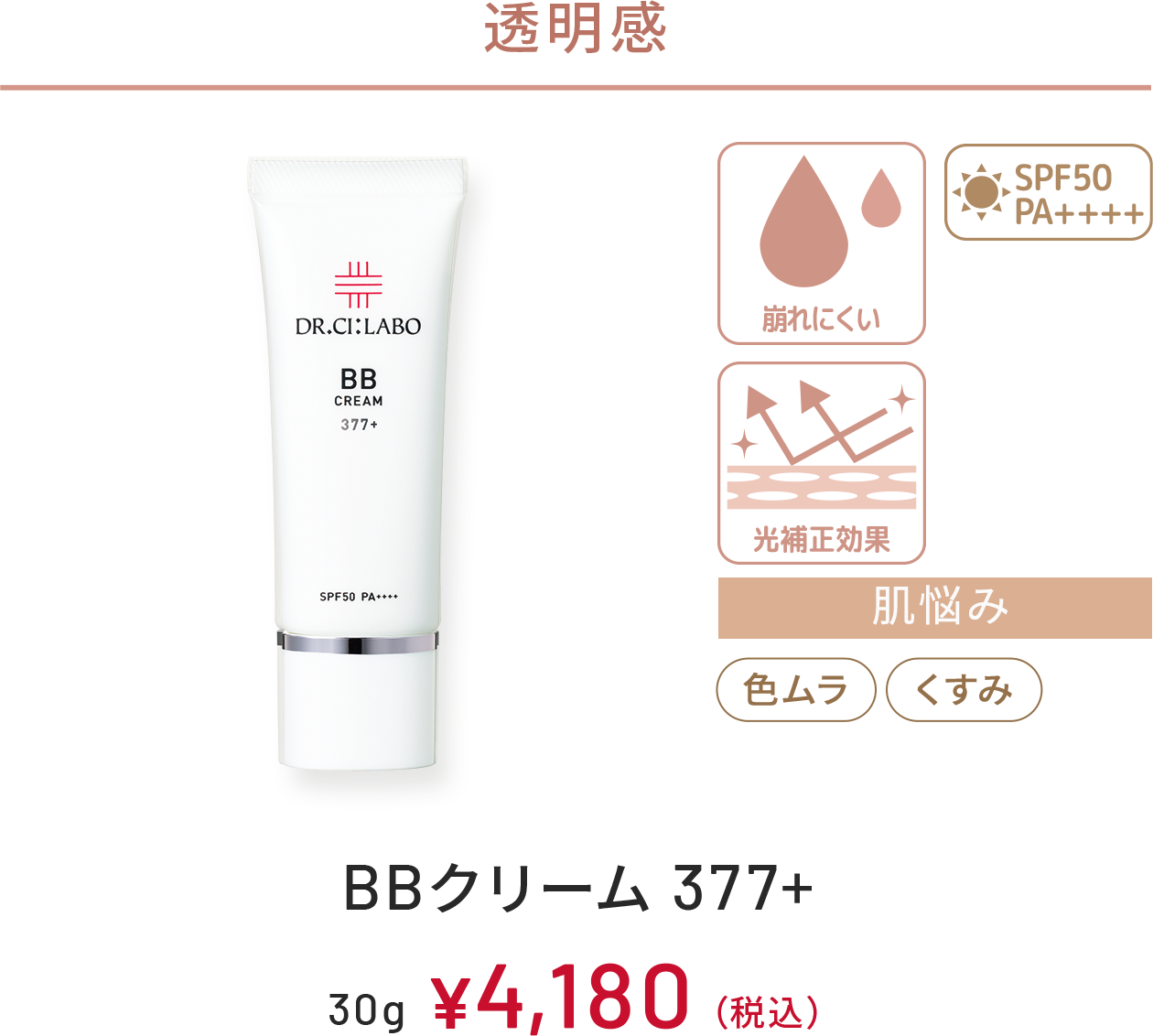 透明感　崩れにくい、光補正効果、SPF50 PA++++　肌悩み：色ムラ、くすみ　BBクリーム 377+　30g　￥4,180(税込)