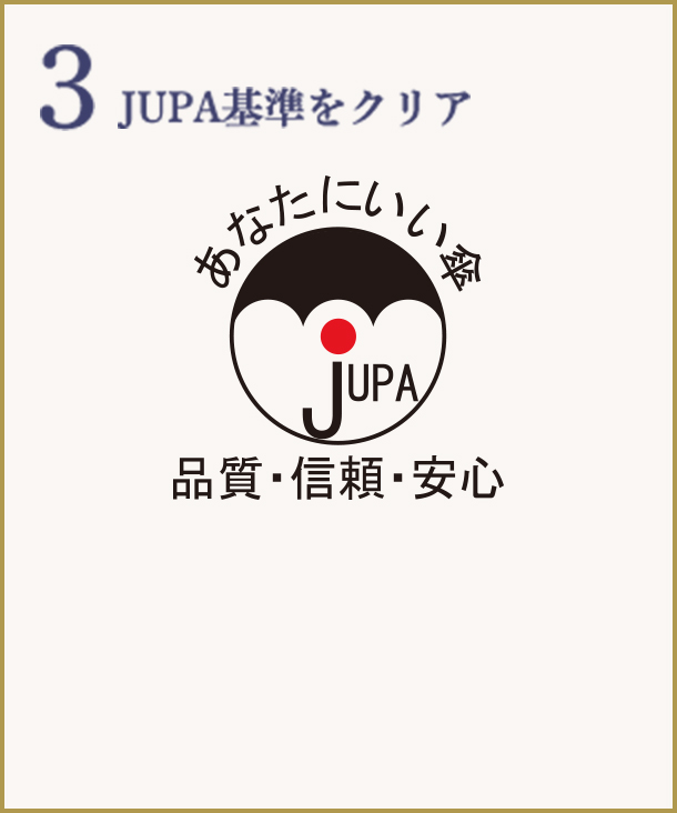3 JUPA基準をクリア JUPAマークは、安全性、耐久性、ファッション関する日本洋傘振興協議会(JUPA)の基準をクリアした最高品質の傘である証です。