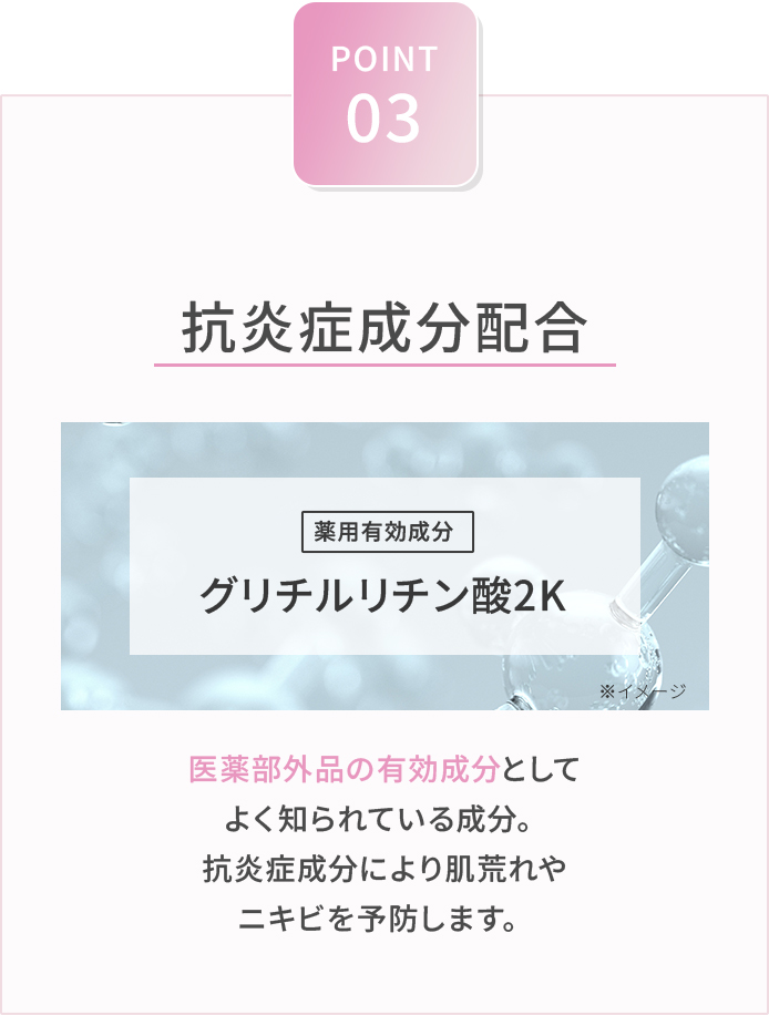 POINT 03 抗炎症成分配合 薬用有効成分グリチルリチン酸2K 医薬部外品の有効成分としてよく知られている成分。肌荒れやニキビを予防する抗炎症作用があります。