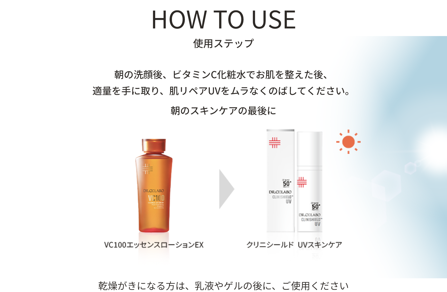 HOW TO USE 使用ステップ　朝の洗顔後、化粧水などでお肌を整えた後、適量を手に取り、お顔全体にムラなくのばしてください。朝のスキンケアの最後に