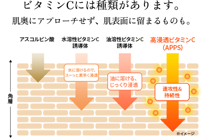 ビタミンCには種類があります。肌奥にアプローチせず、肌表面に留まるものも。
