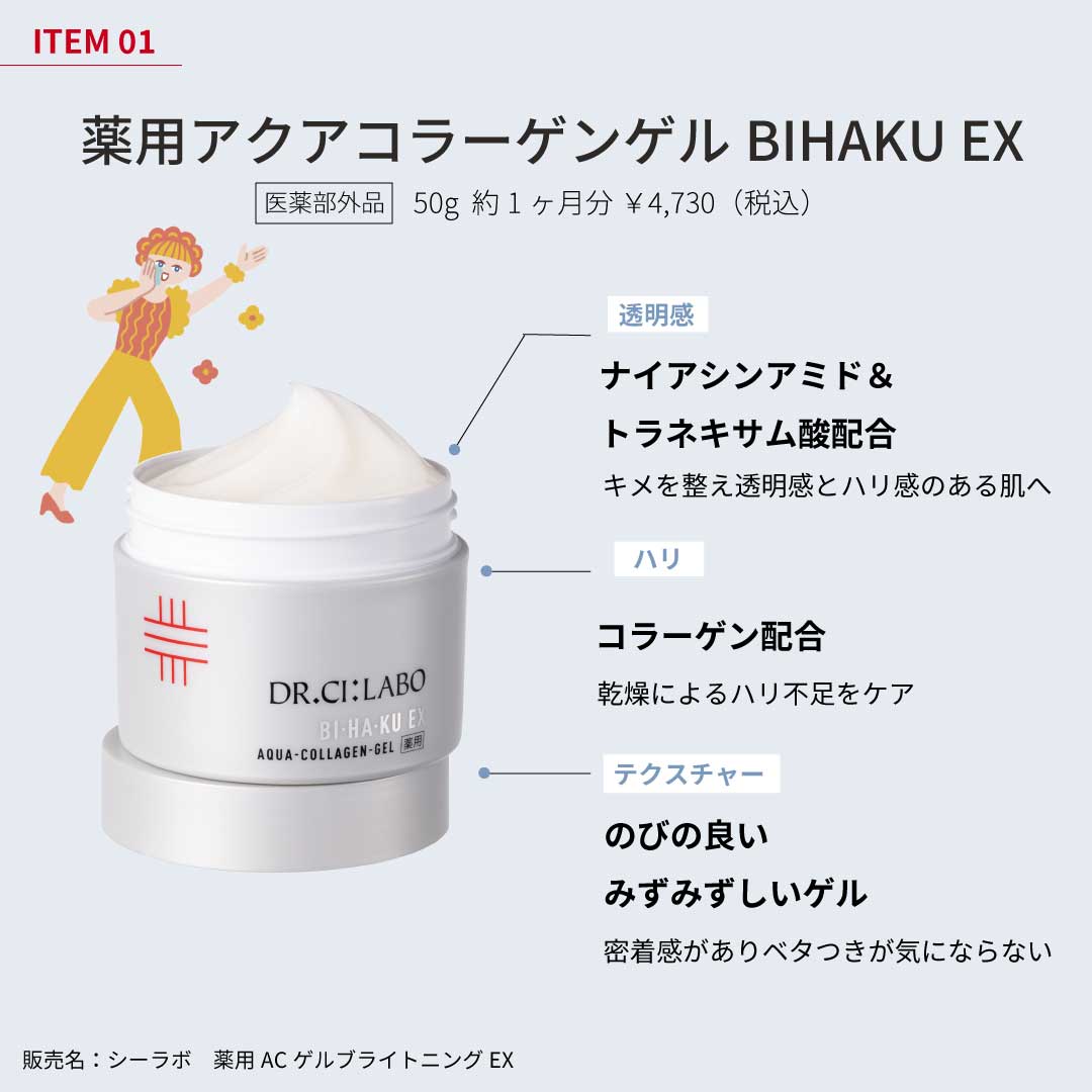 ITEM1 薬用アクアコラーゲンゲルBIHAKU EX 医薬部外品 50g 約1ヶ月分 ￥4,400（税込）透明感ナイアシンアミド＆トラネキサム酸配合 キメを整え透明感とハリ感のある肌へ　ハリ コラーゲン配合 乾燥によるハリ不足をケア テクスチャー 伸びの良いみずみずしいゲル 密着感があり、べたつきが気にならない