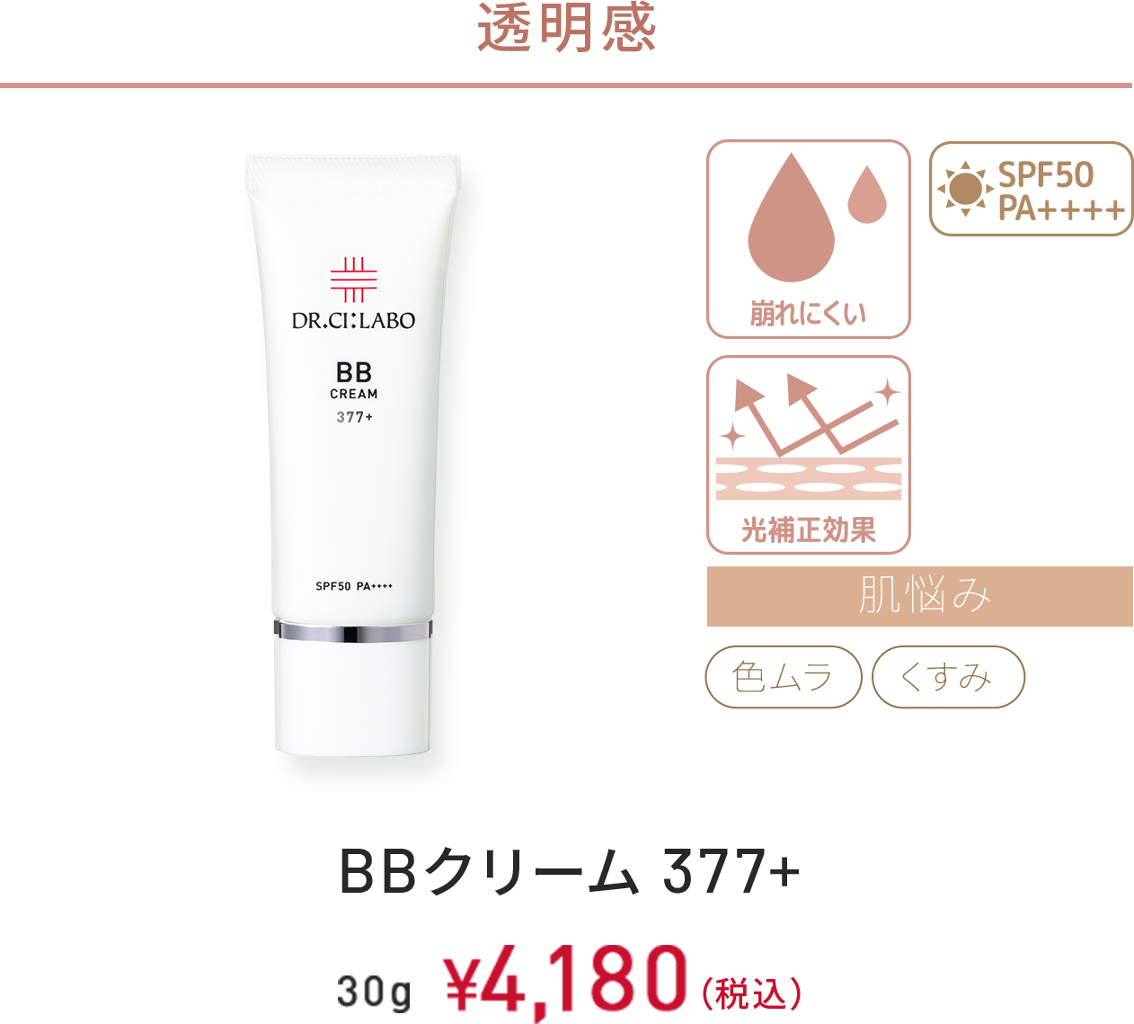 透明感　崩れにくい、光補正効果、SPF50 PA++++　肌悩み：色ムラ、くすみ　BBクリーム 377+　30g　￥4,180(税込)