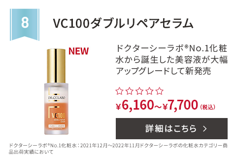 第8位 VC100ダブルリペアセラム ドクターシーラボ®No.1化粧水から誕生した美容液が大幅アップグレードして新発売 ドクターシーラボ®No.1化粧水：2021年12月〜2022年11月ドクターシーラボの化粧水カテゴリー商品出荷実績において ￥6,160～￥7,700(税込) 詳細はこちら
