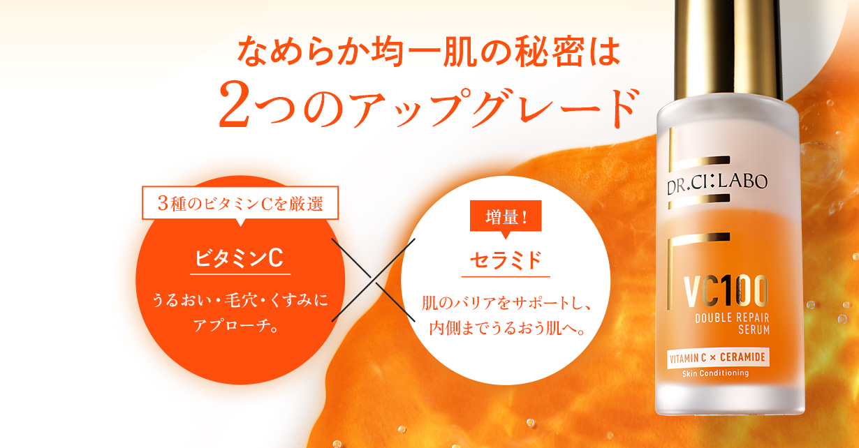なめらか均一肌の秘密は2つのアップグレード。ビタミンC（3種のビタミンCを厳選。うるおい・毛穴・くすみにアプローチ。）xセラミド（増量！肌のバリアをサポートし、内側までうるおう肌へ。）