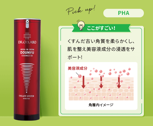 アクアインダーム導入エッセンスEX PHA ここがすごい!:くすんだ古い角質を柔らかくし、肌を整え美容液成分の浸透をサポート!
