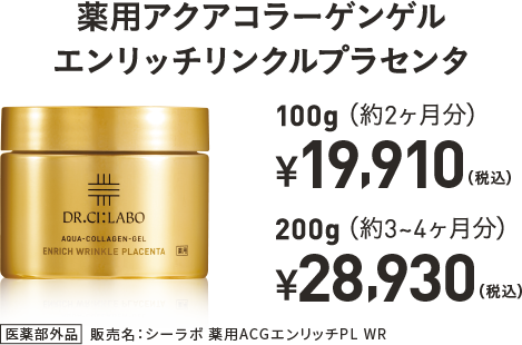 薬用アクアコラーゲンゲル エンリッチリンクルプラセンタ　100g (約2ヶ月分)　¥19,910(税込) 200g (約3〜4ヶ月分)　¥28,930(税込)　医薬部外品　販売名：シーラボ 薬用ACGエンリッチPL WR