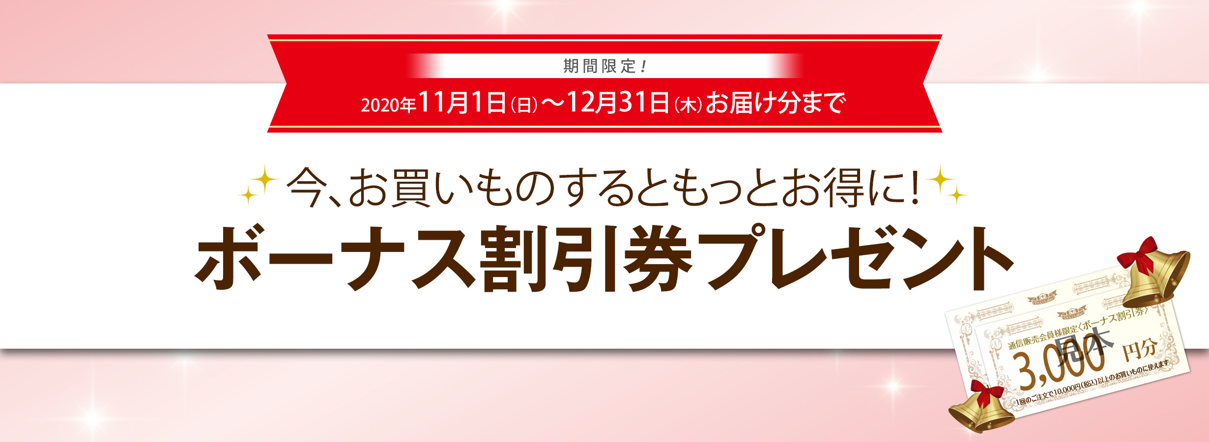 期間限定!2020年11月1日(日)〜2020年12月31日(木)お届け分まで 今、お買いものするともっとお得に!ボーナス割引券プレゼント