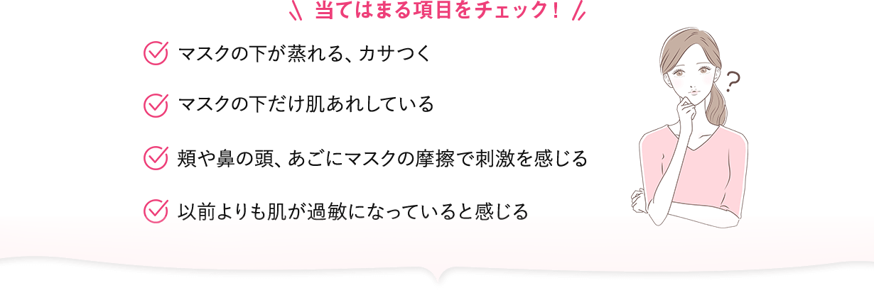 【当てはまる項目をチェック！】マスクの下が蒸れる、カサつく／マスクの下だけ肌あれしている／頬や鼻の頭、あごにマスクの摩擦で刺激を感じる／以前よりも肌が過敏になっていると感じる