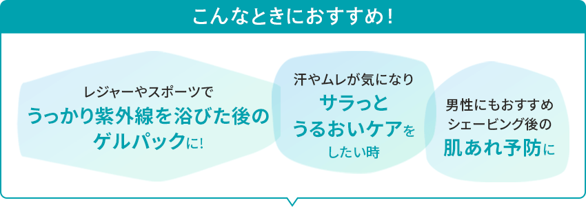 こんなときにおすすめ!レジャーやスポーツでうっかり紫外線を浴びた後のゲルパックに!汗やムレが気になりサラッとうるおいケアをしたい時。男性にもおすすめシェービング後の肌あれ予防に。