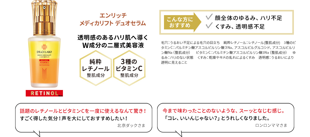 エンリッチ メディカリフト デュオセラム 透明感のあるハリ肌へ導くW成分の二層式美容液 純粋レチノール整肌成分 3種のビタミンC整肌成分 こんな方におすすめ 顔全体のゆるみ、ハリ不足 くすみ、透明感不足 純粋レチノール：レチノール(整肌成分)　3種のビタミンC：パルミチン酸アスコルビルリン酸３Na、アスコルビルグルコシド、アスコルビルリン酸Na（整肌成分）　ビタミンC：パルミチン酸アスコルビルリン酸3Na（整肌成分）　ゆるみ：ハリのない状態　くすみ：乾燥やキメの乱れによるくすみ　透明感：うるおいにより透明に見えること 話題のレチノールとビタミンCを一度に使えるなんて驚き！すごく得した気分！声を大にしておすすめしたい！ 北京ダックさま 今まで味わったことのないような、スーッとなじむ感じ。「コレ、いいんじゃない？」とうれしくなりました。 ロンロンママさま