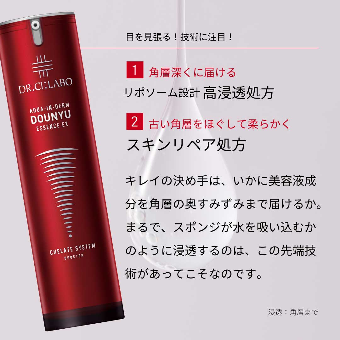 【目を見張る技術に注目】①角層深くに届ける「リポソーム設計」高浸透処方　②古い角層をほぐして柔らかく「スキンリペア処方」　キレイの決め手は、いかに美容液成分を角層の奥すみずみまで届けるか。まるで、スポンジが水を吸い込むかのように浸透するのは、この先端技術があってこそなのです。