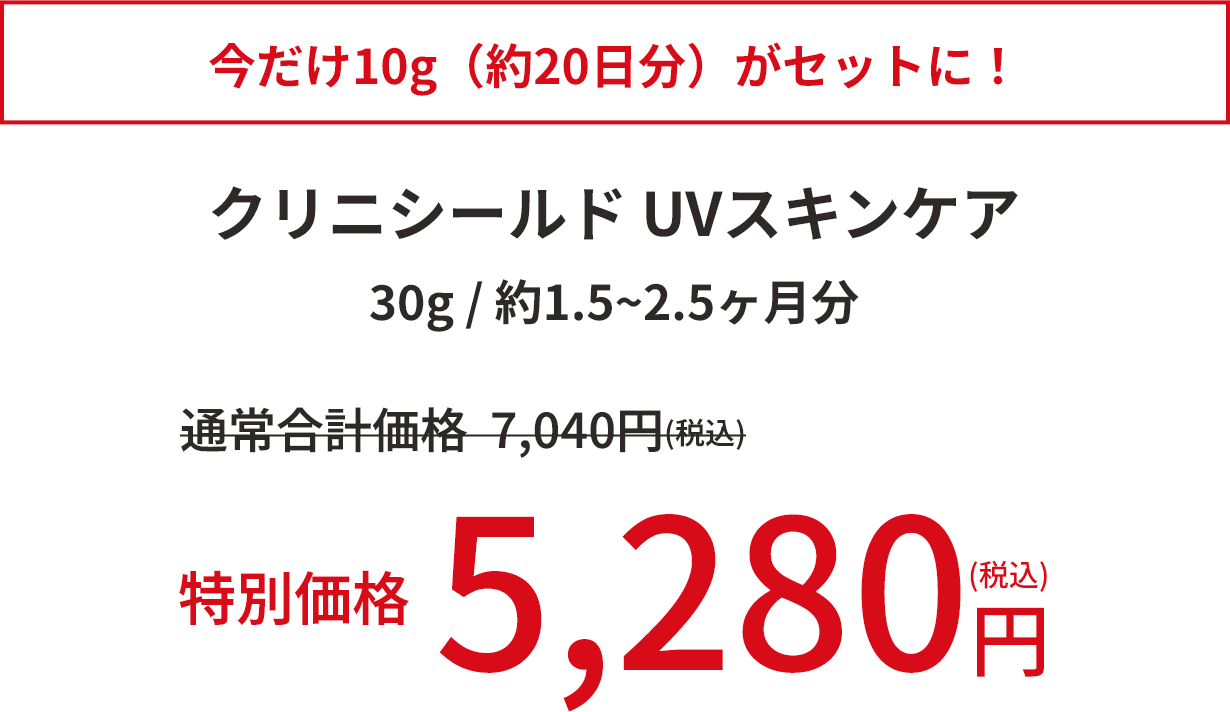 今だけ10g（約20日分）がセットに！　クリニシールド UVスキンケア 30g 約1.5～2.5ヶ月分　特別価格5,280円（税込）