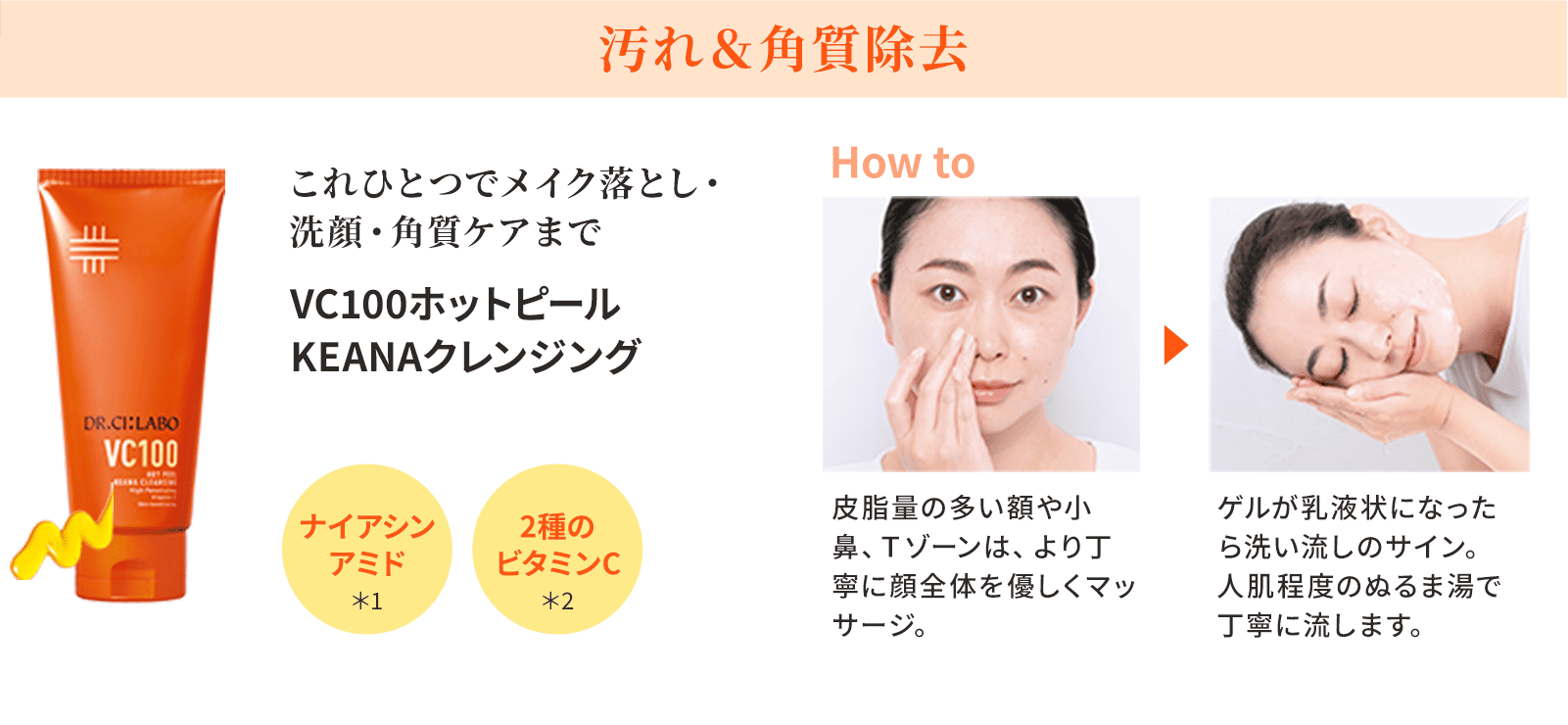 STEP1 落とす 汚れ＆角質除去 これひとつでメイク落とし・洗顔・角質ケアまで VC100ホットピールKEANAクレンジング