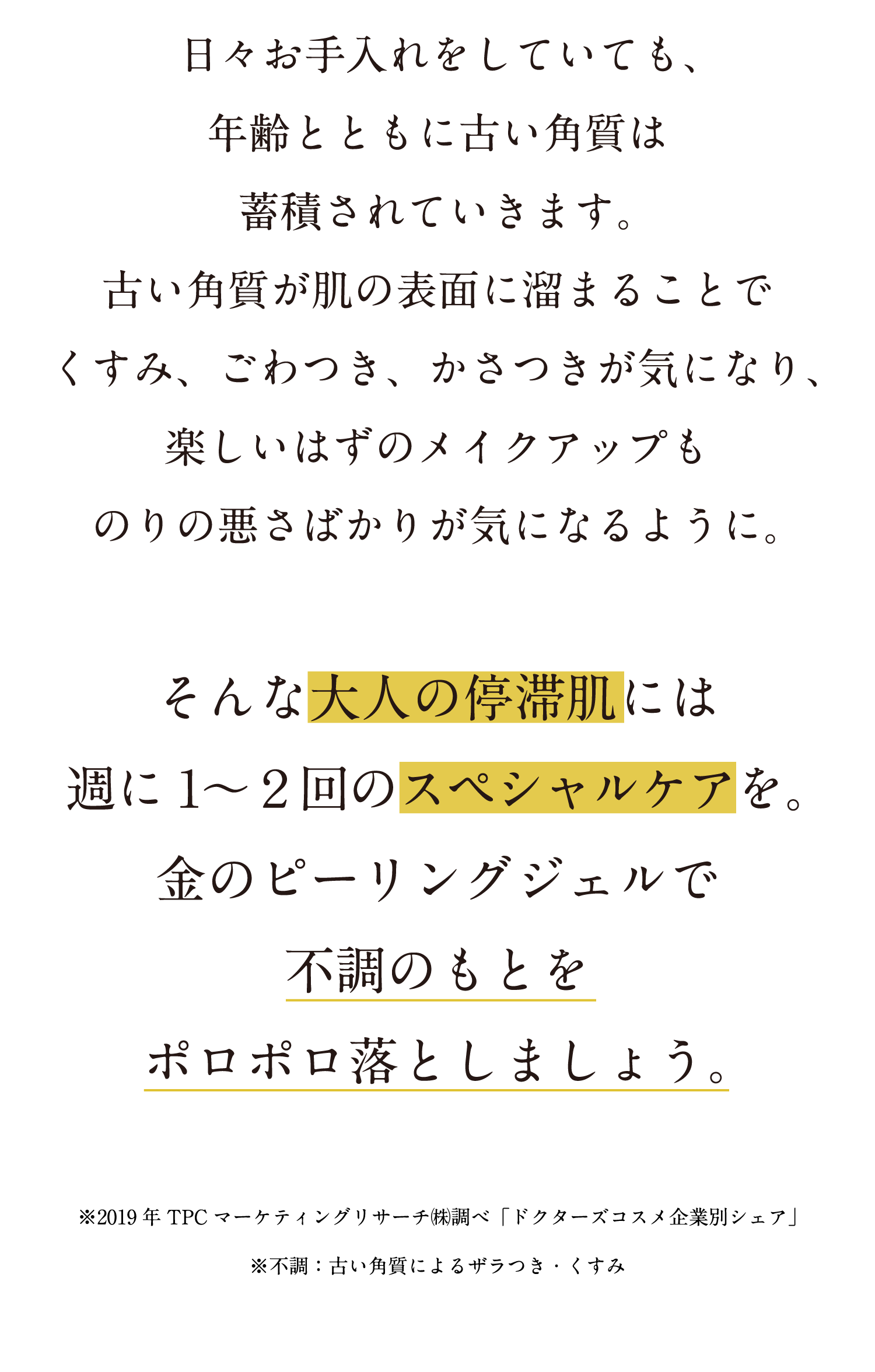 日々お手入れをしていても年齢とともに古い角質は蓄積されていきます。古い角質が肌の表面いとどまることでくすみ、ごわつき、かさつきが気になり、楽しいはずのメイクアップものりの悪さばかりが気になるように。そんな大人の停滞肌には週に1〜2会のスペシャルケアを。金のピーリングジェルで不調の素をポロポロ落としましょう。