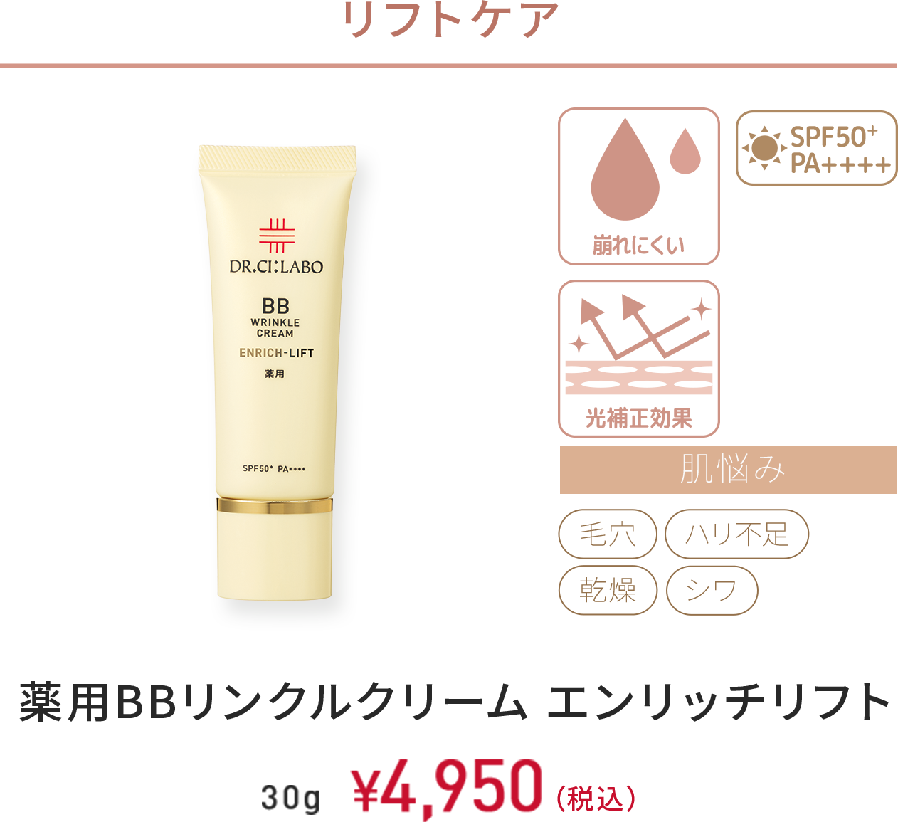 リフトケア　崩れにくい、光補正効果、SPF50+ PA++++　肌悩み：毛穴、ハリ不足、乾燥、シワ　薬用BBリンクルクリーム エンリッチリフト　30g　￥4,950(税込)