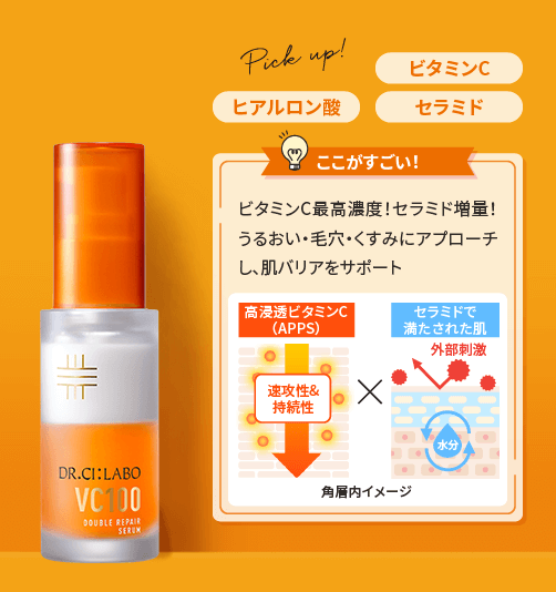 VC100ダブルリペアセラム ビタミンC・ヒアルロン酸・セラミド ここがすごい!:ビタミンC最高濃度!セラミド増量!うるおい・毛穴・くすみにアプローチし、肌バリアをサポート