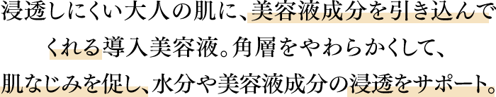 浸透しにくい大人の肌に、美容液成分を引き込んでくれる導入美容液。角層をやわらかくして、肌なじみを促し、水分や美容液成分の浸透をサポート。