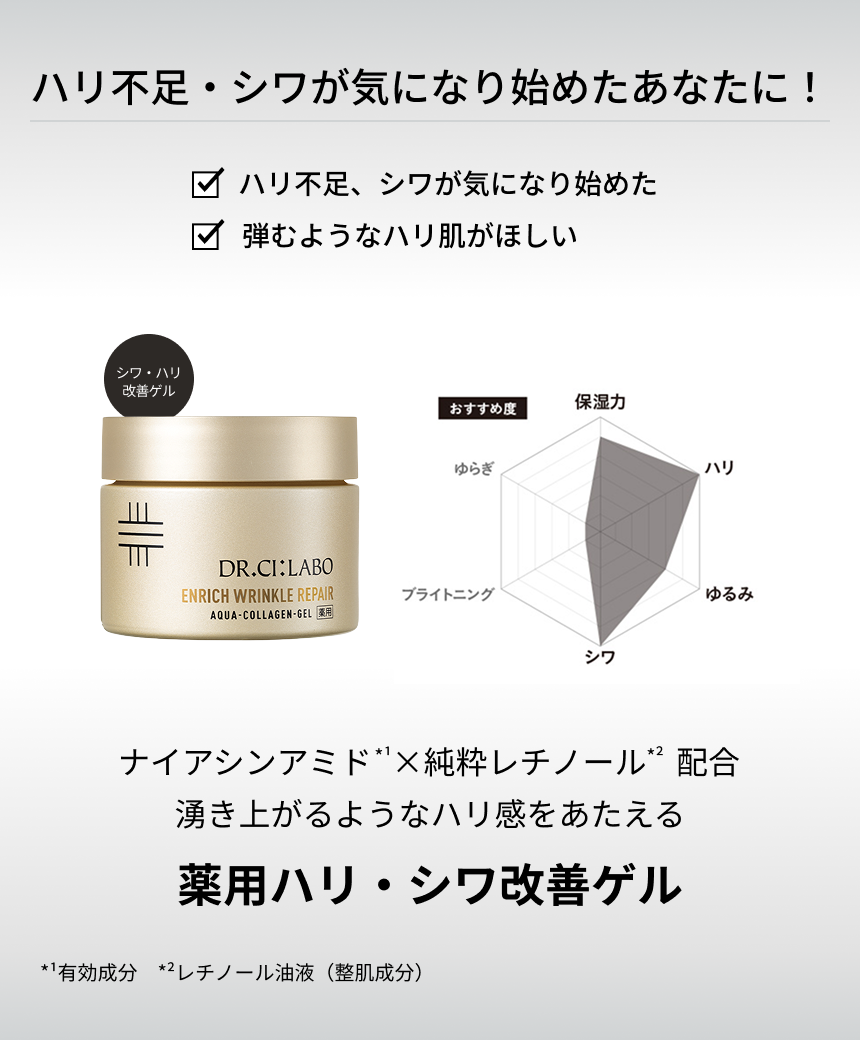 悩みに合わせて選べるエイジングケアゲル、アクアコラーゲンゲルエンリッチリフトEX、薬用アクアコラーゲンゲルエンリッチリンクルリペア