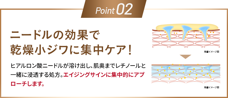 Point02 ニードルの効果で乾燥小ジワに集中ケア!ヒアルロン酸ニードルが溶け出し、肌奥までレチノールと一緒に浸透する処方。エイジングサインに集中的にアプローチします。