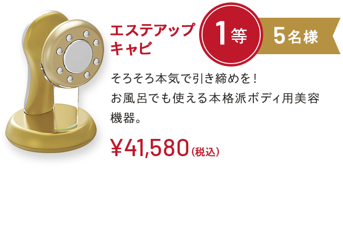 エステアップキャビ 1等 5名様 そろそろ本気で肌の引締めを！お風呂でも使える本格派ボディ用美容機器。￥41,580(税込)