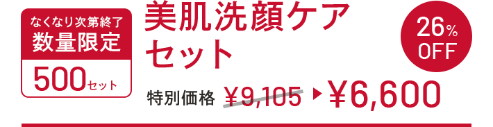 無くなり次第終了　数量限定　500セット　美肌洗顔ケアセット　26%OFF　特別価格　￥9,105▶6,600