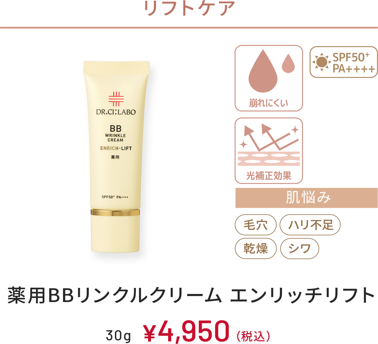 リフトケア　崩れにくい、光補正効果、SPF50+ PA++++　肌悩み：毛穴、ハリ不足、乾燥、シワ　薬用BBリンクルクリーム エンリッチリフト　30g　￥4,950(税込)