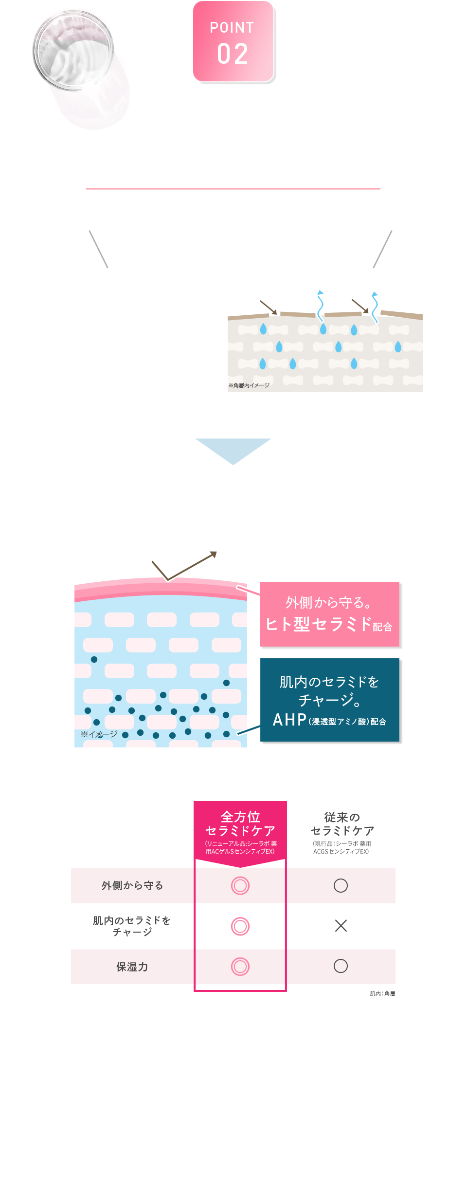 POINT 02 敏感肌研究25年、独自開発 シーラボだからこそ実現した 新配合!全方位セラミドケア 「全方位セラミドケア」って何がいいの? 従来のセラミドケアは... バリア機能の一時的なサポート だからまた肌荒れをくりかえしてしまう… 「全方位セラミドケア」なら! 外側からも、肌内からもWアプローチ! 外側から守る。ヒト型セラミド配合 肌内のセラミドをチャージ※。AHP(浸透型アミノ酸)配合 ヒト型セラミド:ヒドロキシステアリルフィトスフィンゴシン(保湿成分) AHP:N-アセチルーL-ヒドロキシプロリン(整肌成分)肌内は角層まで ※角層内のセラミドへうるおいを補充すること 全方位セラミドケア(リニューアル品:シーラボ 薬用ACゲルSセンシティブEX) 従来のセラミドケア(現行品:シーラボ 薬用ACGSセンシティブEX) 外側から守る 肌内のセラミドをチャージ 保湿力 肌内:角層