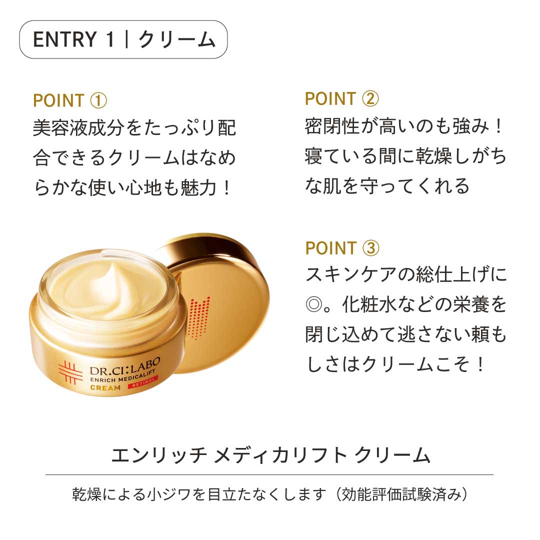 ENTRY1 濃厚クリーム　POINT1 美容液成分をたっぷり配合できるクリームは、なめらかな使い心地も魅力！　POINT2　密閉性の高いのも強み　寝ている間に乾燥しがちな肌を守ってくれる　POINT3　スキンケアの総仕上げに二重丸　化粧水などの栄養を閉じ込めて逃さない頼もしさはクリームこそ！　エンリッチメディカリフトクリーム　乾燥による小ジワを目立たなくします　効能評価試験済み