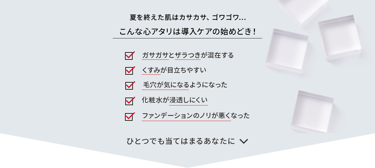 夏を終えた肌はカサカサ、ゴワゴワ...こんな心アタリは導入ケアの始めどき！