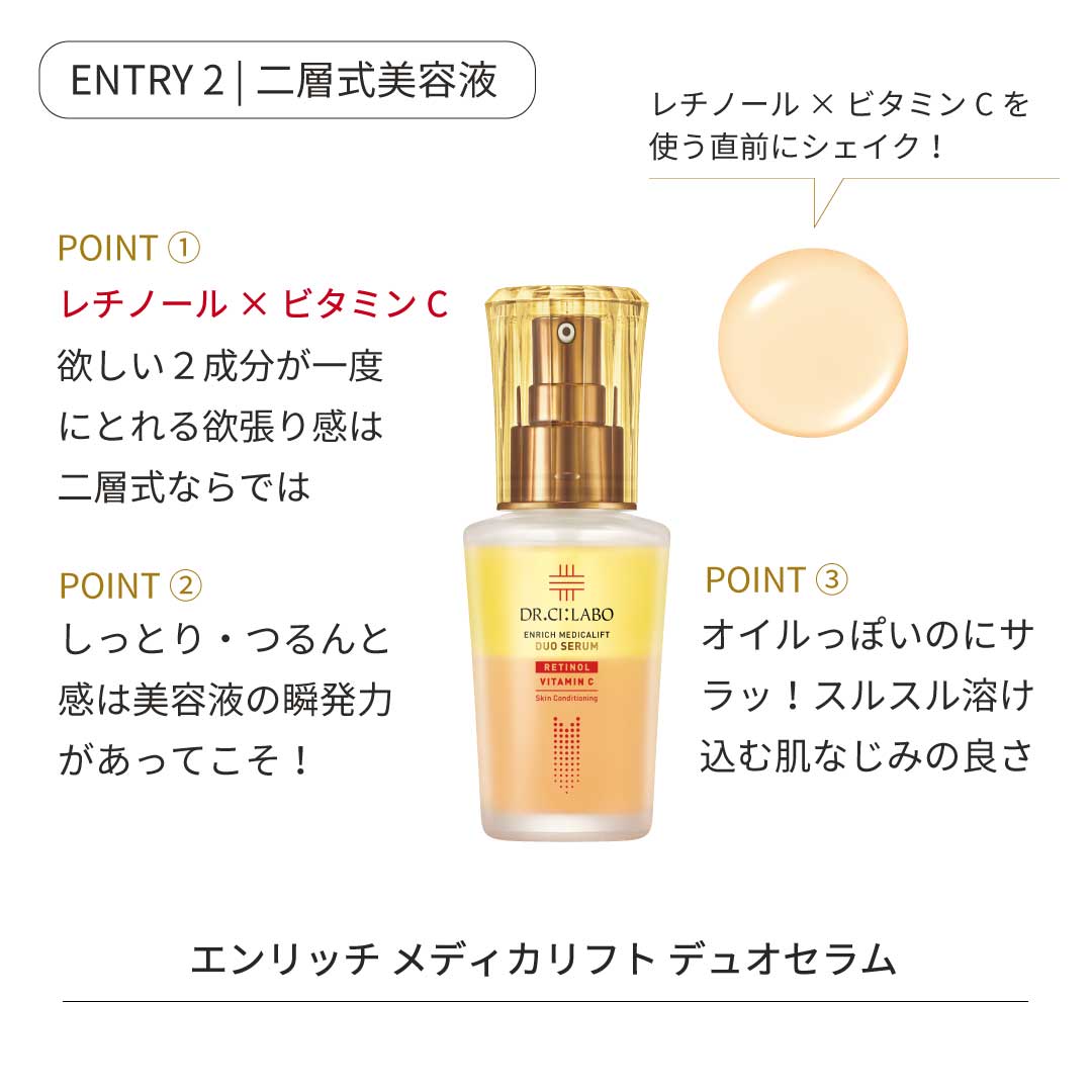 ENTRY2 二層式美容液　POINT1 レチノール×ビタミンC　欲しい2成分が一度にとれる欲張り感は二層式ならでは　POINT2　しっとり・つるんと感は美容液の瞬発力があってこそ！　POINT3　オイルっぽいのにサラッ！スルスルとココム肌なじみの良さなどの栄養を閉じ込めて逃さない頼もしさはクリームこそ！　エンリッチメディカリフトクリーム　乾燥による小ジワを目立たなくします　効能評価試験済み