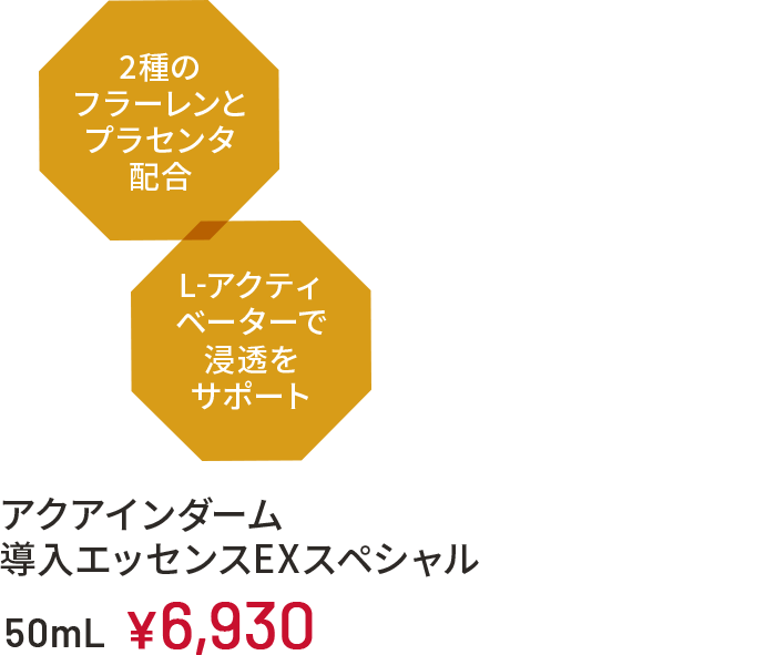 アクアインダーム導入エッセンスEXスペシャル 50mL ￥6,930（2種のフラーレンとプラセンタ配合、L-アクティベーターで浸透をサポート）