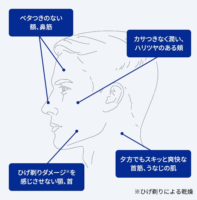 ベタつきのない額、鼻筋　カサつきなく潤い、ハリツヤのある頬　ひげ剃りダメージ（ひげ剃りによる乾燥）を感じさせない顎、首　夕方でもスキッと爽快な首筋、うなじの肌