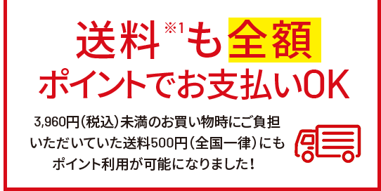 変更後　送料※1も全額ポイントでお支払いOK　3,960円(税込)未満のお買い物時にご負担いただいていた送料500円(全国一律)にもポイント利用が可能になりました！