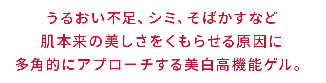 うるおい不足、シミ、そばかすなど肌本来の美しさをくもらせる原因に多角的にアプローチする美白高機能ゲル。