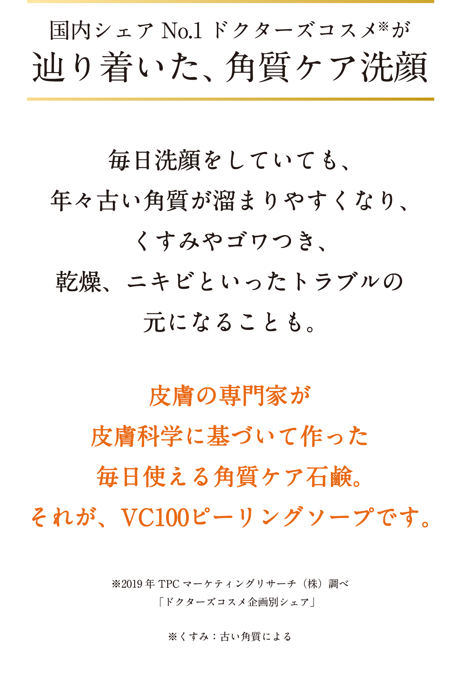 毎日洗顔をしていても、年々古い角質がたまりやすくなり、くすみやゴワつき、乾燥、ニキビといったトラブルのもとになることも 皮膚の専門家が皮膚科学に基づいて作った毎日使える角質ケア石鹸。それがVC!00 ピーリングソープです。