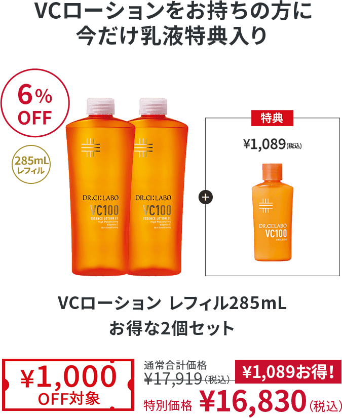 VCローションをお持ちの方に今だけ乳液特典入り 6%OFF VCローション レフィル285mL お得な2個セット ¥1,000OFF対象 通常合計価格¥17,919（税込） 特別価格 ¥16,830（税込）¥1,089お得！