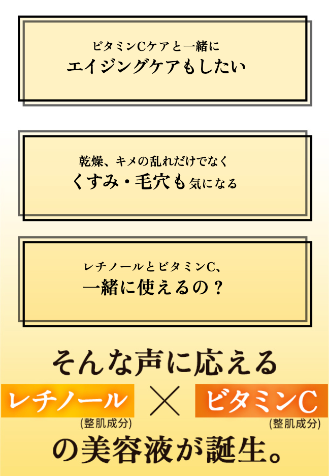 シーラボだからこそ実現。 ビタミンCケアと一緒にエイジングケアもしたい 乾燥、キメの乱れだけでなくくすみ・毛穴も気になる レチノールとビタミンC、一緒に使えるの？ そんな声に応える レチノール(整肌成分)&times;ビタミンC(整肌成分)の美容液が誕生。 純粋レチノール：レチノール(整肌成分)　ビタミンC：パルミチン酸アスコルビルリン酸Na(整肌成分)　透明：肌がうるおって透明に見えること　エイジングケア：年齢に応じたスキンケア　くすみ：乾燥、うるおい不足によりキメが乱れ、くすんで見えること　毛穴：毛穴の黒ずみ