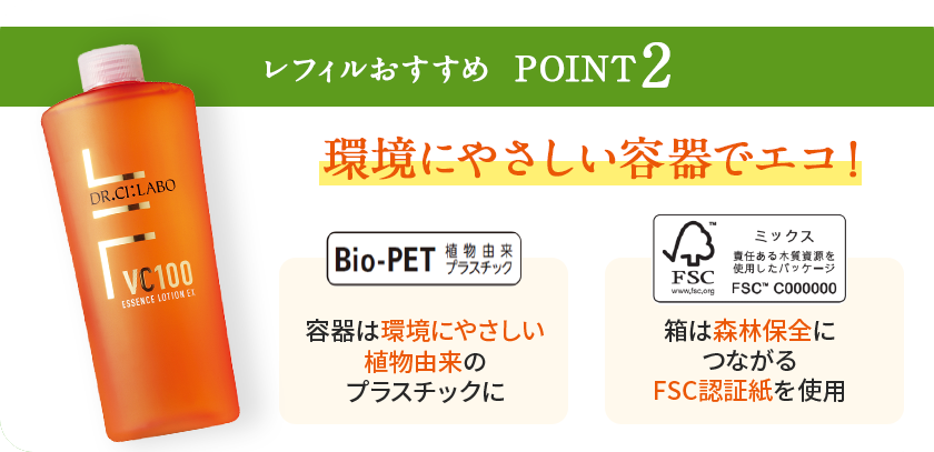 レフィルおすすめ　POINT 2　プラスチック削減でエコ！　Bio-PET　植物由来プラスチック　容器は環境にやさしい植物由来のプラスチックに　FSC　ミックス　責任ある木質資源を使用したパッケージ　FSC C000000　箱は森林保全につながるFSC認証紙を使用