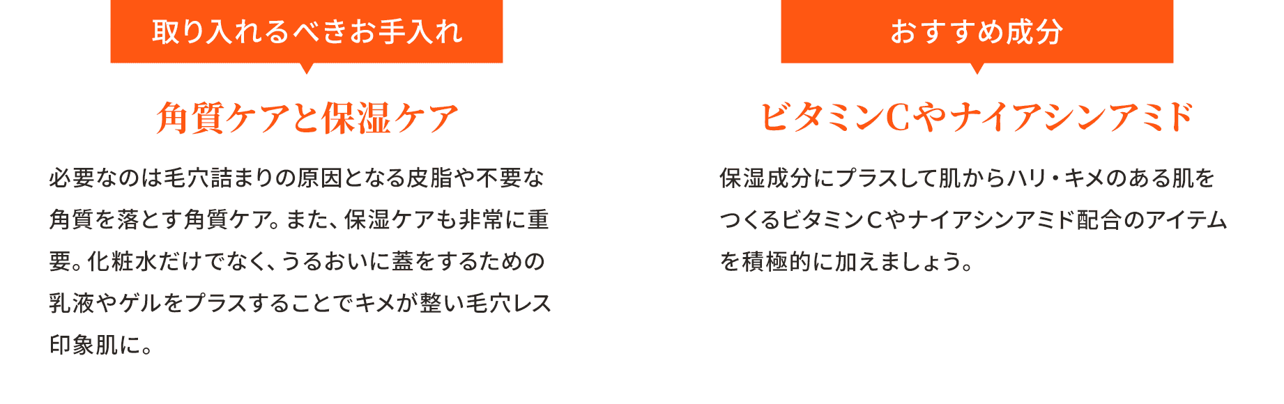 取り入れるべきお手入れ 角質ケアと保湿ケア 必要なのは毛穴詰まりの原因となる皮脂や不要な角質を落とす角質ケア。また、ゆるみ毛穴は水分不足による要因が大きいので、いつも以上にたっぷり保湿が重要です。 おすすめ成分 ビタミンCやナイアシンアミド 保湿成分にプラスして肌からハリ・キメのある肌をつくるビタミンCやナイアシンアミド配合のアイテムを積極的に加えましょう。