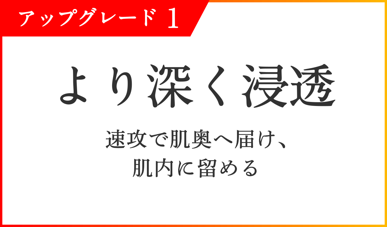 アップグレード１ より深く浸透 速攻で肌奥へ届け、肌内に留める　深く・浸透・肌奥・肌内：⾓層まで