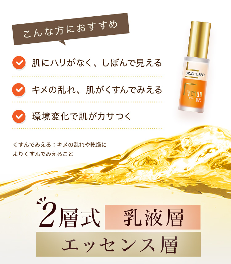 こんな方におすすめ 肌にハリがなく、しぼんで見える キメの乱れ、肌がくすんでみえる 環境変化で肌がカサつく くすんでみえる:キメの乱れや乾燥によりくすんでみえること