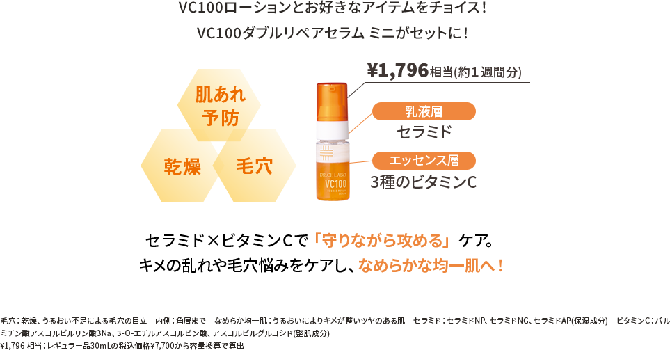 VC100ローションとお好きなアイテムをチョイス!VC100ダブルリペアセラム ミニがセットに!