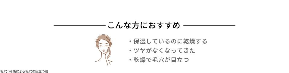 こんな方におすすめ 保湿しているのに乾燥する ツヤがなくなってきた 乾燥で毛穴が目立つ 毛穴:乾燥による毛穴の目立つ肌