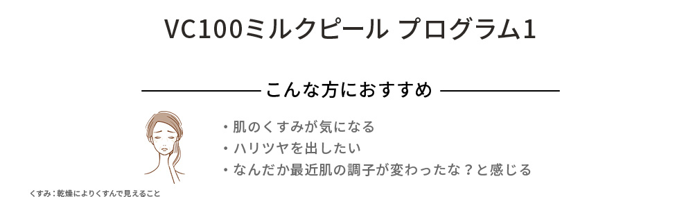 VC100ミルクピール プログラム1 こんな方におすすめ ・肌のくすみが気になる ・ハリツヤを出したい ・なんだか最近肌の調子が変わったな？と感じる エイジングサイン：乾燥、ハリ不足など年齢に応じた現在の肌状態