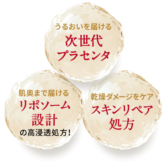 うるおいを届ける次世代プラセンタ・肌奥まで届けるリポソーム設計の高浸透処方！・乾燥ダメージをケア スキンリペア処方