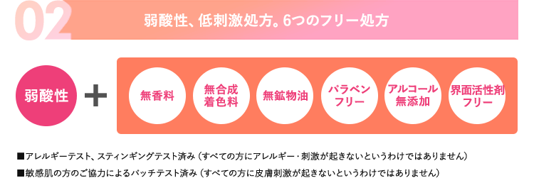 02.弱酸性、低刺激処方。6つのフリー処方。■アレルギーテスト、スティンギングテスト済み（すべての方にアレルギー・刺激が起きないというわけではありません）■敏感肌の方のご協力によるパッチテスト済み（すべての方に皮膚刺激が起きないというわけではありません）